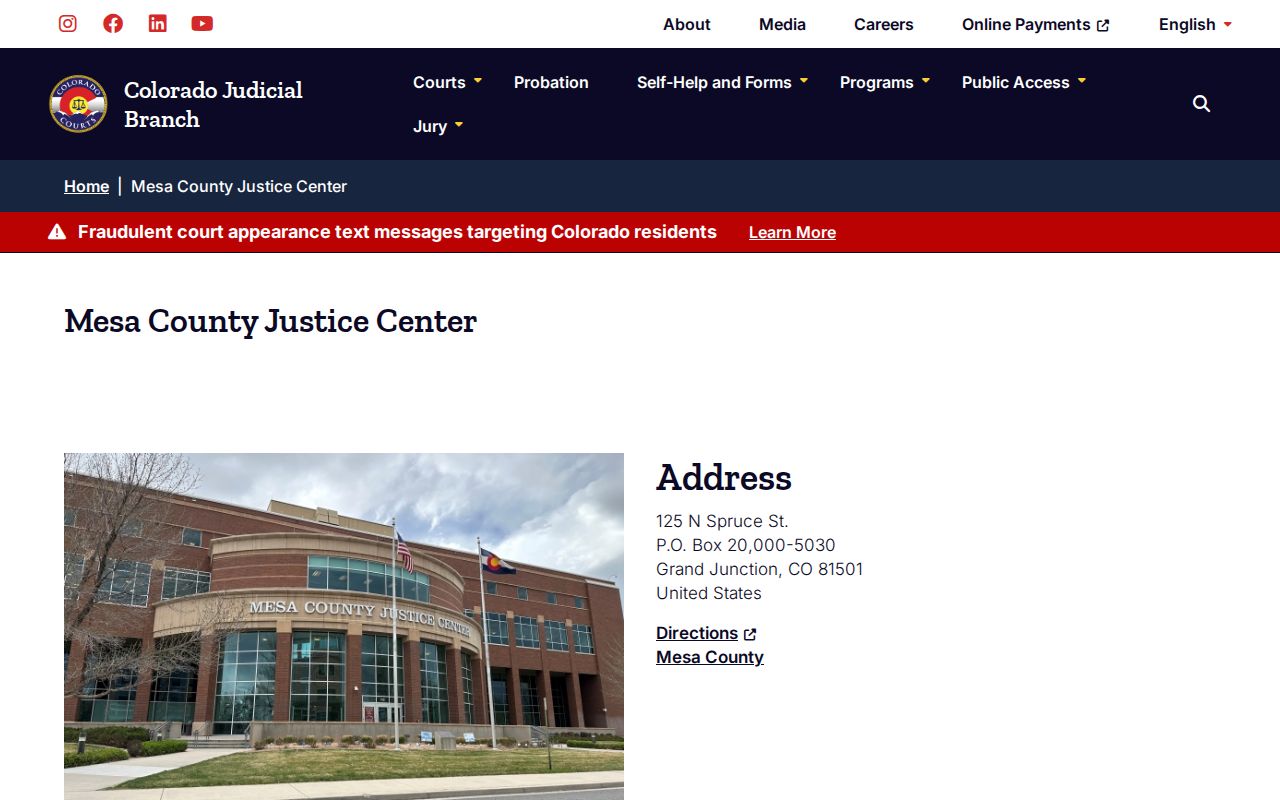 Mesa County warrant lookup Justice Center address and public hours