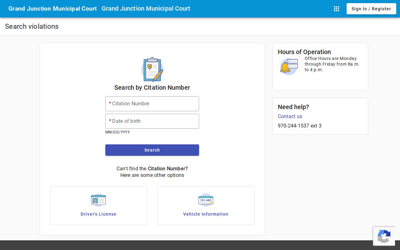 Grand Junction municipal court citation number and date of birth search fields