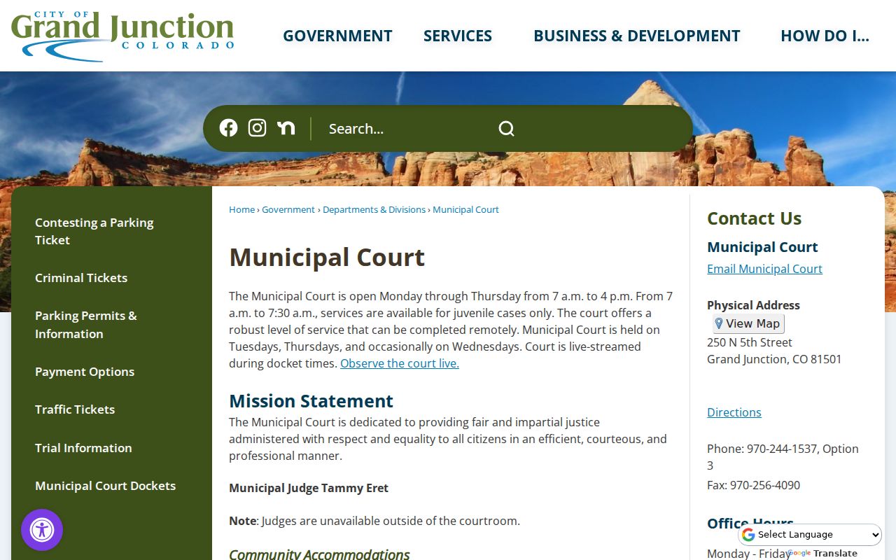 Grand Junction Municipal Court address hours and warrant information page