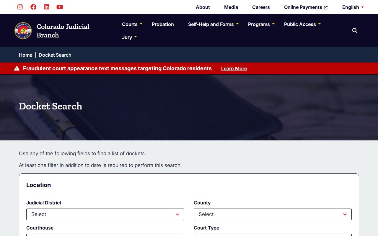 Colorado Judicial docket search fields for Mesa County district and county cases