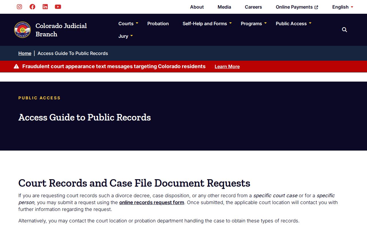 Colorado Judicial notice about real-time court data and outside search vendors