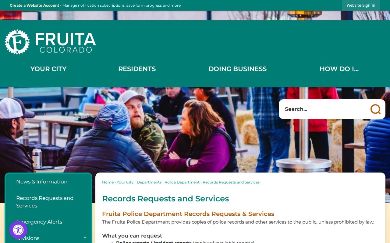 Fruita Police records request instructions with photo identification and fee information