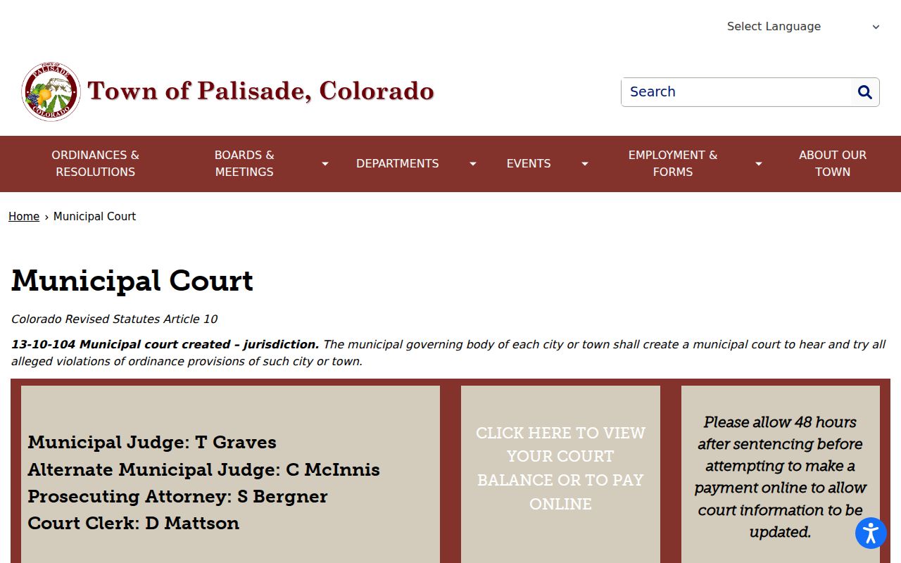 Palisade warrant records court page with monthly Municipal Court schedule