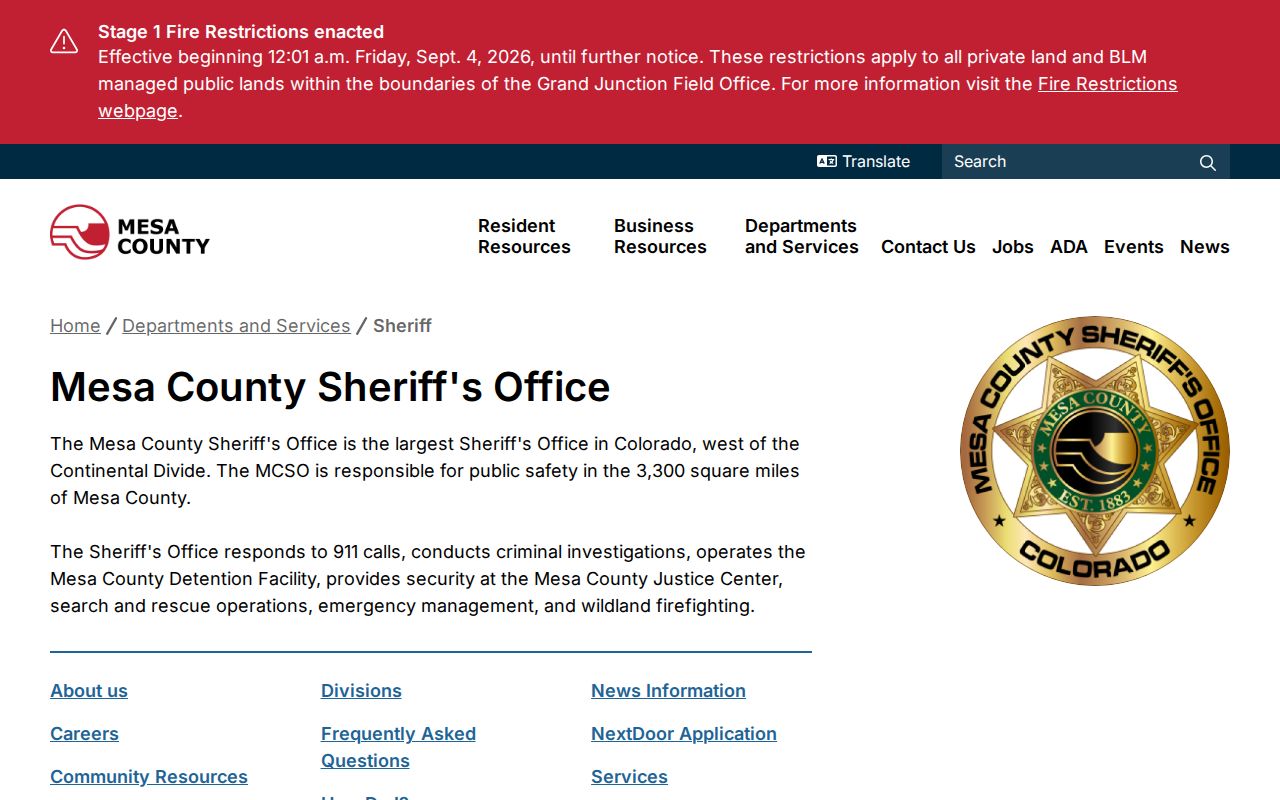 Mesa County warrant records route on the Sheriff's Office page