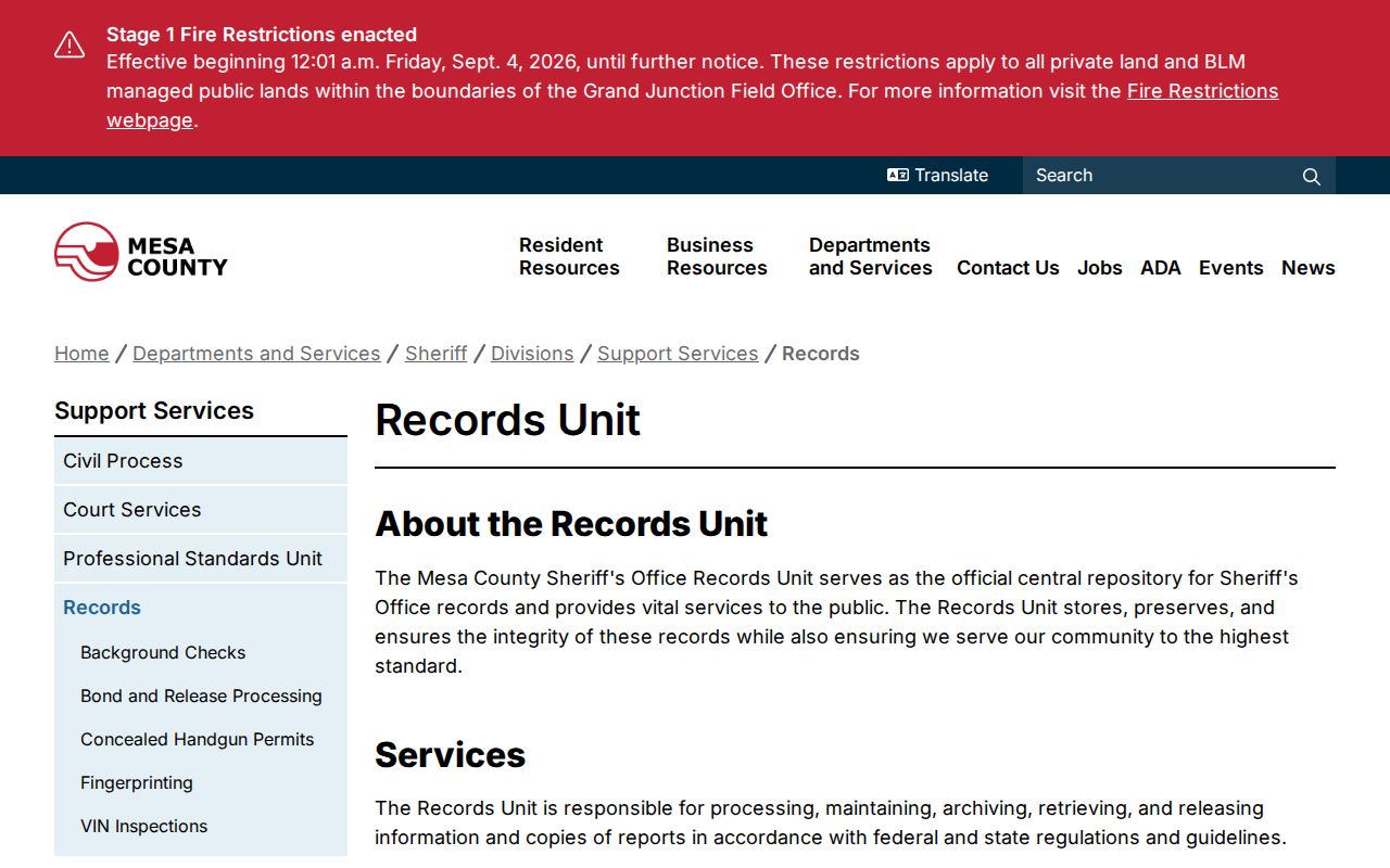 Mesa County warrant records services and current fee information