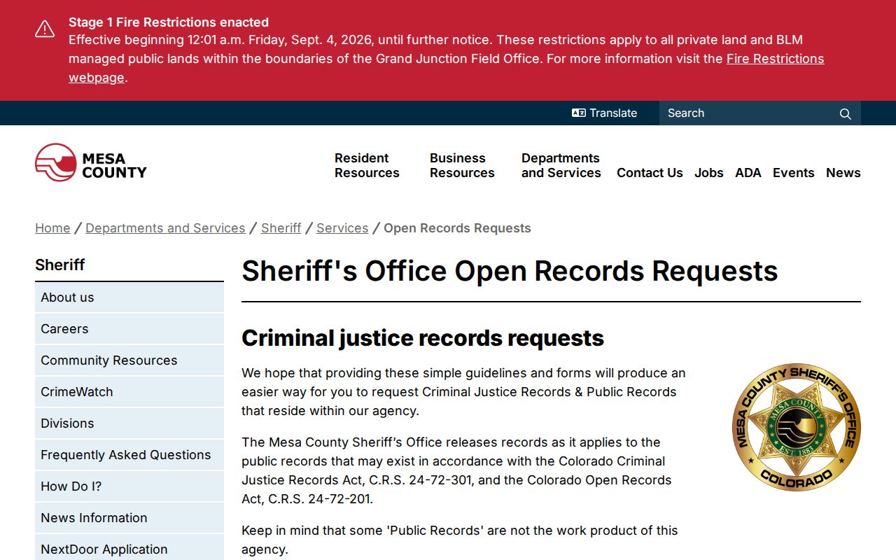 Mesa County warrant records request channels under CORA and CJRA