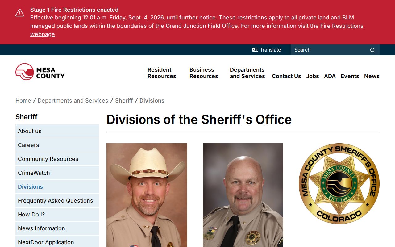 Mesa County warrant records Support Services and Records divisions